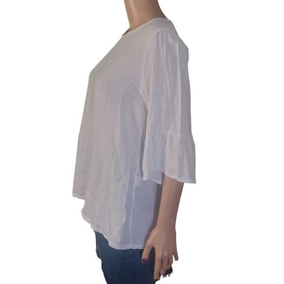 Terzo Millennio Size M White Linen Faux Back Buttons Ruffle Bell 3/4 Sleeve Top - Picture 4 of 10